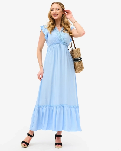Blaues langes Damenkleid mit Spitze - Kleidung
