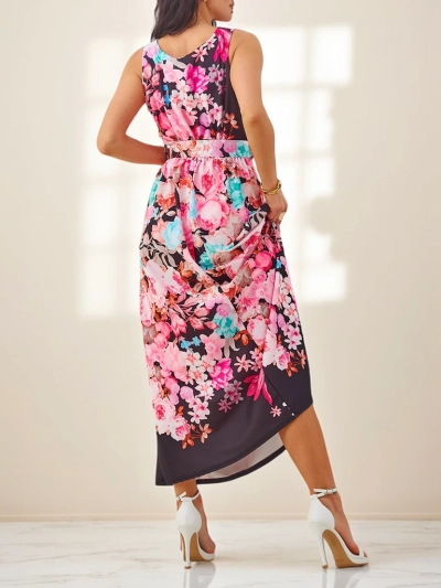 Royalfashion Damen-Midikleid aus Viskose, mit Trägern und einem Gürtel in verschiedenen floralem Mustern