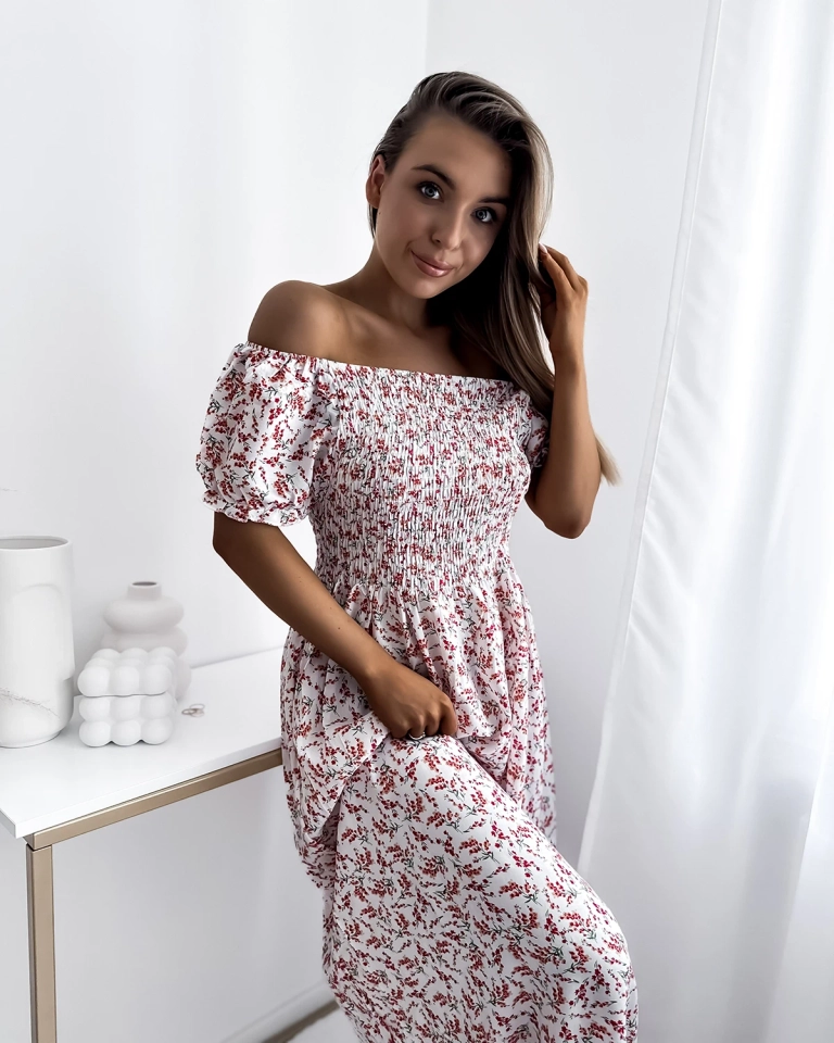 Weißes, geblümtes Damen-Midikleid - Kleidung