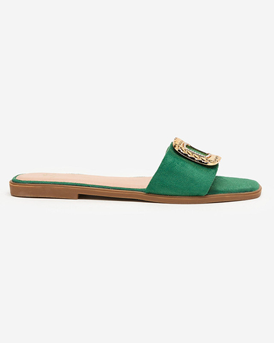 OUTLET Grüne Öko-Wildlederhausschuhe für Damen mit goldener Schnalle Lozi. Schuhwerk