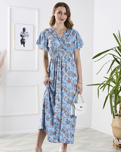 Blaues langes Kleid mit Blumenmuster - Kleidung