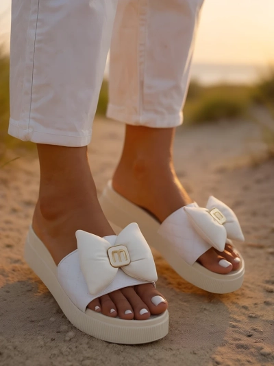 Royalfashion Damen Plateau Pantoletten mit Schleife Mivo Jump