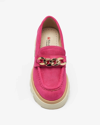Royalfashion Öko-Wildleder Mokassins mit Goldverzierung in fuchsia Zaffix