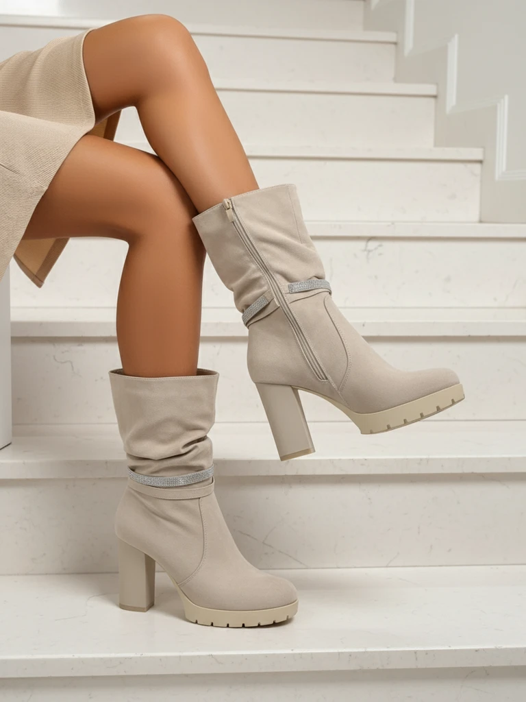 Matte Damen Stiefeletten mit Blockabsatz Ashen Bloom