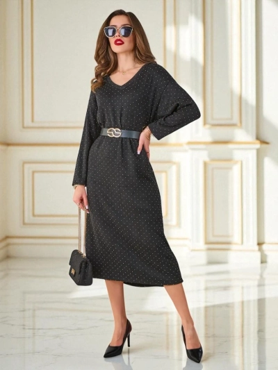 Midikleid Penelope nero mit langen Ärmeln und feinen Punkten, elegant