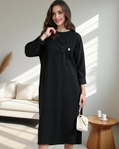 Royalfashion Damen Midi Kleid Stoff Oversized mit Blume