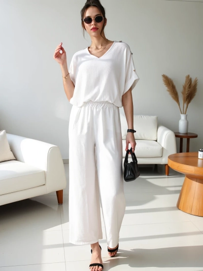 Royalfashion Damen Freizeit-Set mit kurzer Bluse und weiter Hose