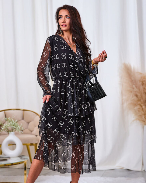 Royalfashion Schwarzes Midikleid aus Mesh mit Print