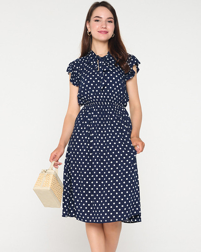 Marineblaues Damenkleid mit gepunktetem Ausschnitt - Kleidung