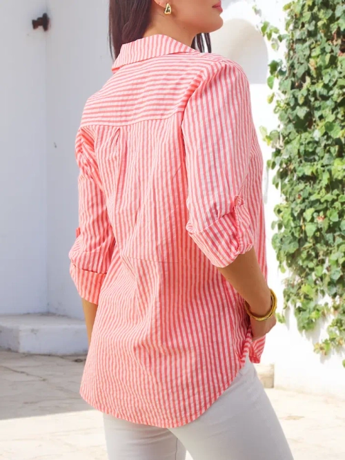 Royalfashion Жіноча смужка бавовняна сорочка з зав'язкою внизу