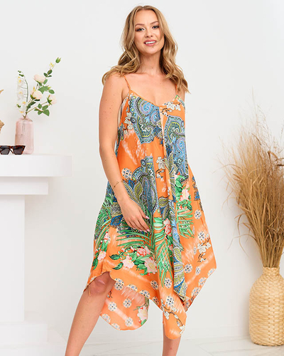 Orange gemustertes asymmetrisches Damenkleid - Kleidung