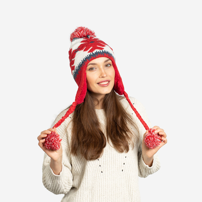 Rote Damenmütze mit Schneeflocken und Bommeln - Accessoires