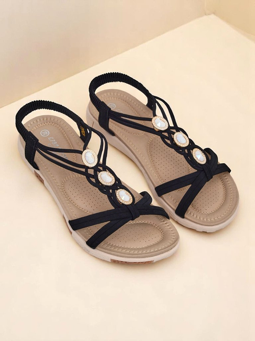 Жіночі сандалі Royalfashion Callista - чорні еспадрильї з цирконієм на літо