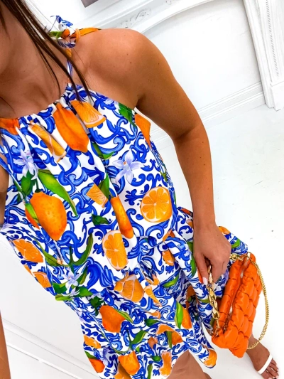 Royalfashion Damen-Mini-Trägerkleid mit Taillengürtel und trendigen orangen Prints