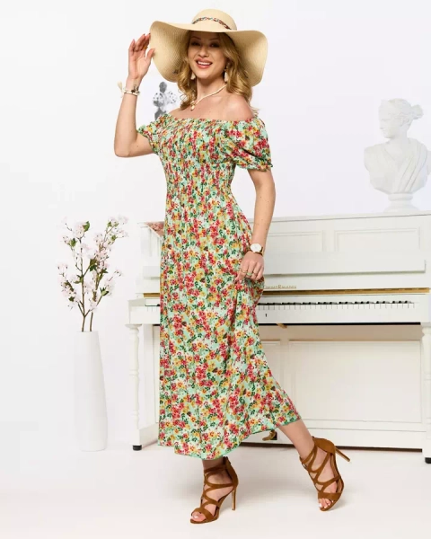Grünes Damen-Midikleid mit Blumenmuster- Kleidung
