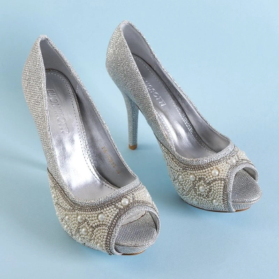 OUTLET Silberglänzende Damen-High Heels mit Zirkonia und Perlen Mira - Footwear