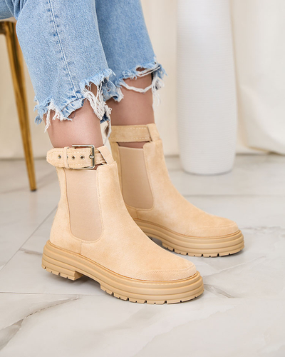 Royalfashion Beige Damenstiefel mit Zierriemen Loffdo