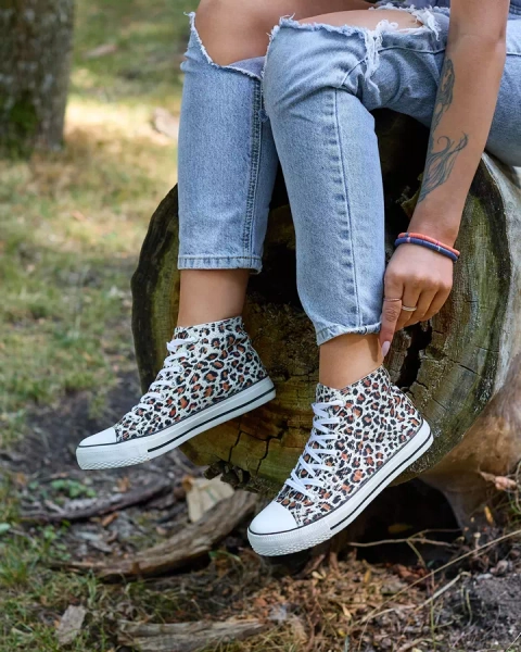 Royalfashion Damen beige hohe Sneaker mit modischem Muster Jungle Jive