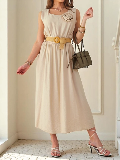 Royalfashion Damen-Midikleid mit Trägern, mit einem runden Ausschnitt und dekorativen Blumen