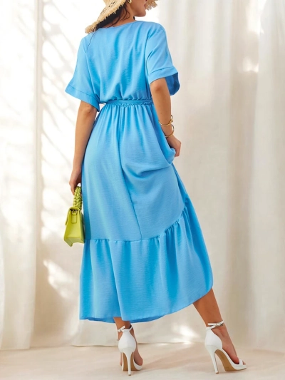 Royalfashion Damen-Midikleid mit kurzen Ärmeln und dekorativen Knöpfen