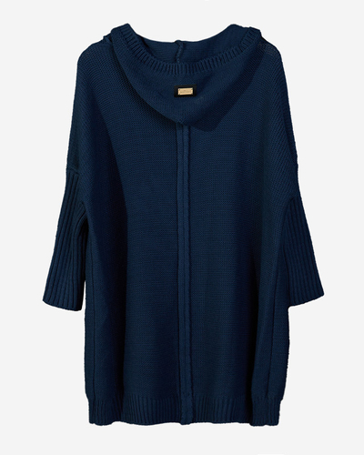 Marineblauer langer Damen-Cardigan mit Kapuze - Kleidung