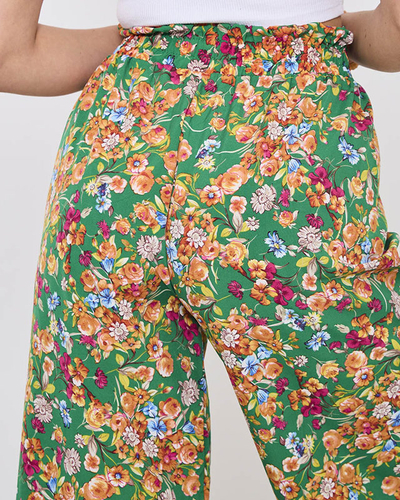 Grüne Damen-Palazzo-Hose mit orangefarbenen Blumen- Kleidung