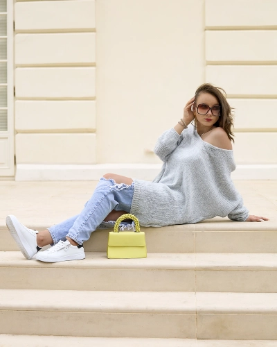 Royalfashion Grauer langer Oversize-Pullover für Damen