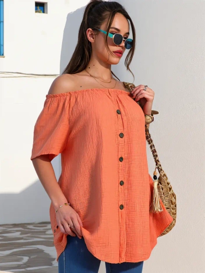 Royalfashion Damen Baumwollbluse im spanischen Stil mit dekorativen Knöpfen