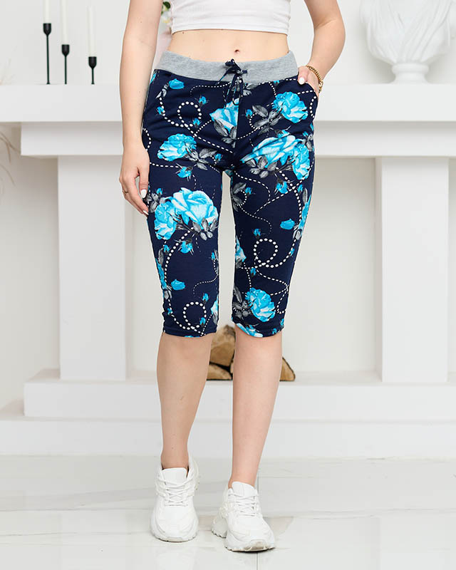 Damen-Shorts in 3/4-Länge mit Blumenmuster, marineblau und blau GROSSE GRÖSSE - Kleidung