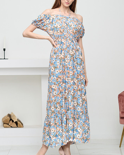 Langes orangefarbenes Sommerkleid für Damen mit blauen Blumen - Bekleidung