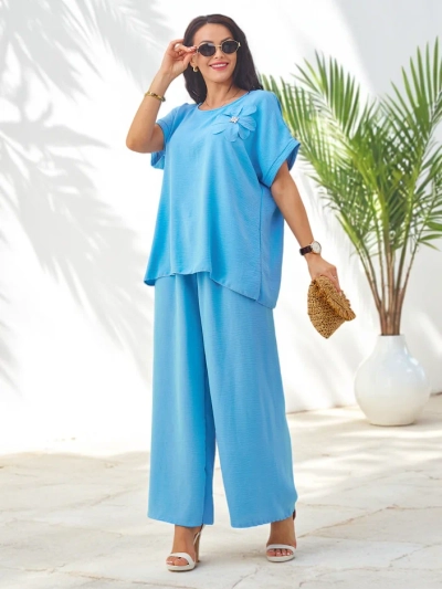 Royalfashion Damen-Set mit kurzen Ärmeln, dekorativer Blume und weitem Hosen