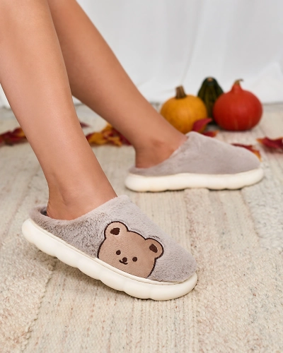 Royalfashion Damen-Pelzpantoffeln mit Teddybär in grau Fetemes