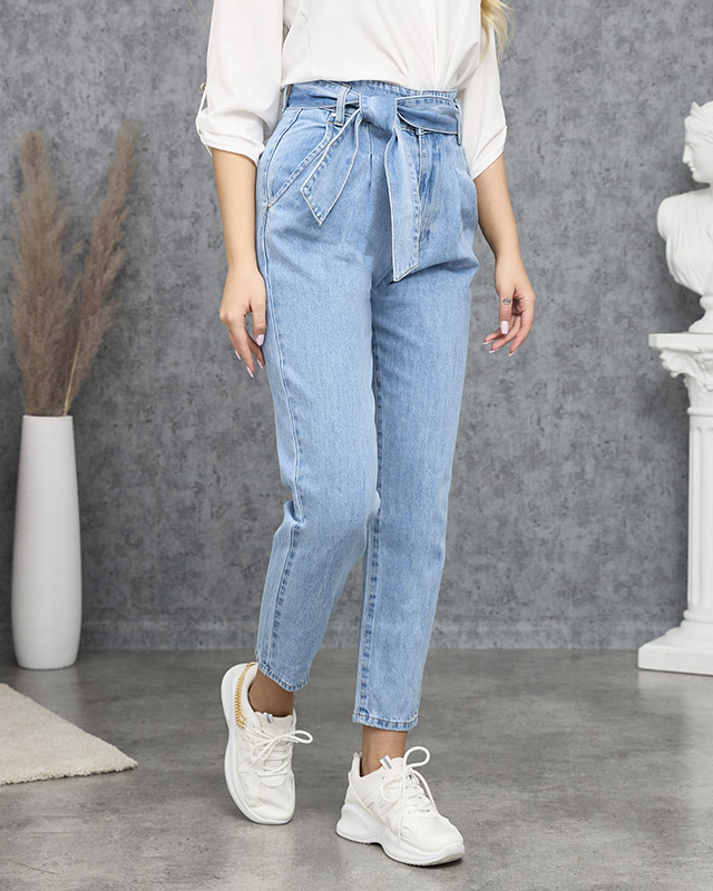 Blaue Mom-Jeans Paperbag mit hoher Taille - Kleidung