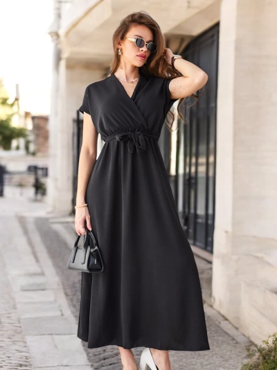 Royalfashion Damen-Midikleid mit Wickelausschnitt, kurzen Ärmeln und einem Gürtel