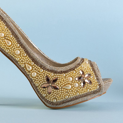 Gold Frauen Brokat Pumps mit Zirkonia und Gitana Perlen - Schuhe