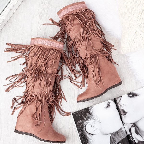 Rosa Stiefel mit Keilabsatz und Bahroma-Fransen - Schuhe