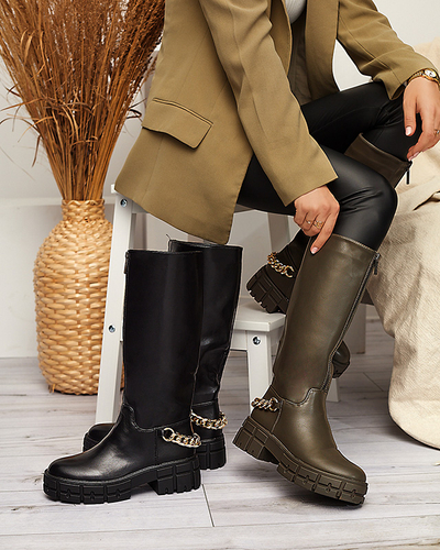 Dunkelgrüne Öko-Leder-Öko-Lederstiefel für Damen - Schuhe