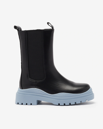 Royalfashion Hohe schwarze Damenstiefel mit blauer Sohle Beerus