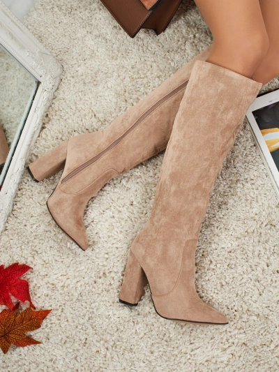 Damen Öko-Wildleder Stiefel mit Blockabsatz Feravi