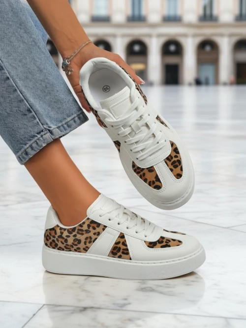 Жіночі Снікерси Calista Leopardia - Біла Еко Шкіра Тканина Весна 4см