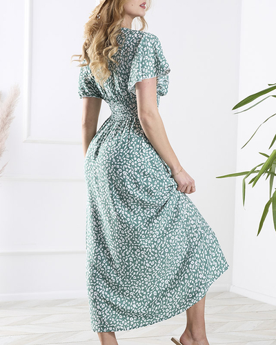 Florales dunkelgrünes Damenkleid mit Umschlagausschnitt - Kleidung