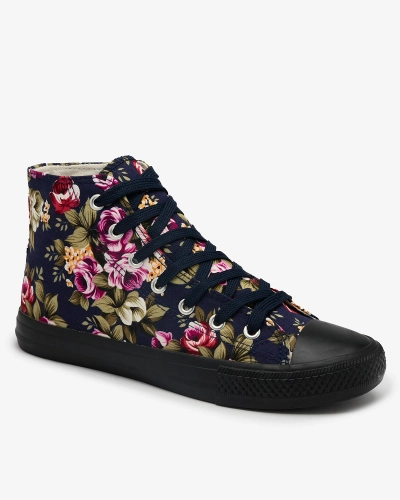 Royalfashion Damen hohe marineblaue Sneakers mit bunten Blumen Soxic