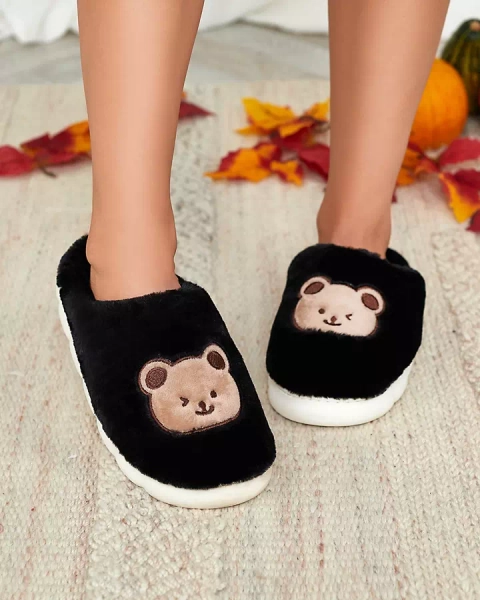Royalfashion Schwarze Damen-Pelzpantoffeln mit Teddybär Hettres