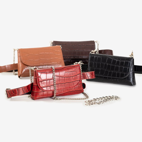 Темно-коричнева жіноча поясна сумка із тисненням під зміїну шкіру - Сумки