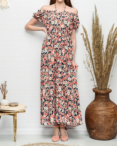 Langes marineblaues Damenkleid mit korallenroten Blumen - Kleidung