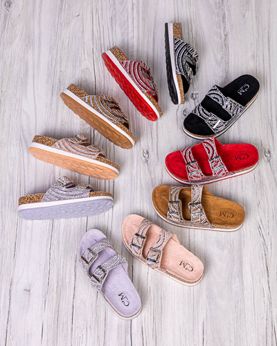 Damenhausschuhe mit Zirkonia in roten Lalud-Shoes