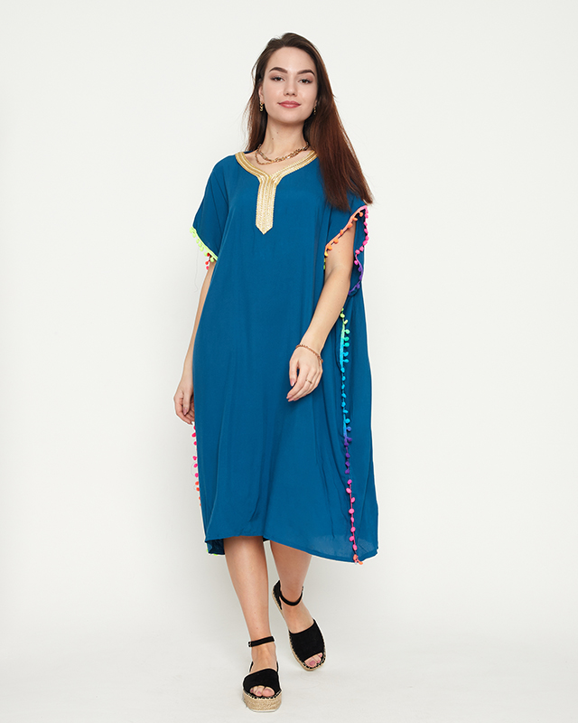 Türkisfarbene Sommer-Strandtunika für Damen mit Bommeln - Kleidung