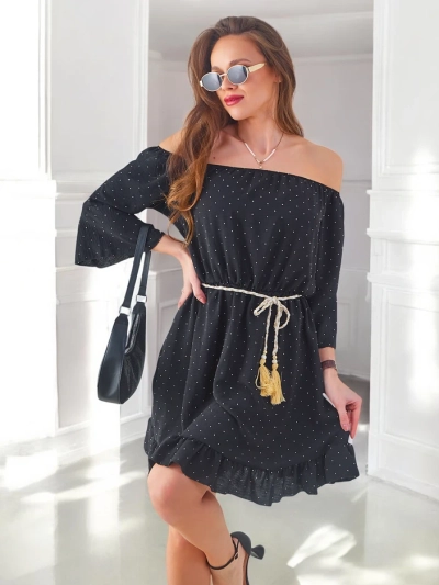 Royalfashion Damen Mini-Kleid schulterfrei mit langen Ärmeln und Strass