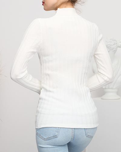 Cremefarbener Damen-Ripppullover mit Stehkragen - Bekleidung