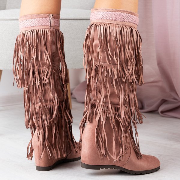 Rosa Stiefel mit Keilabsatz und Bahroma-Fransen - Schuhe